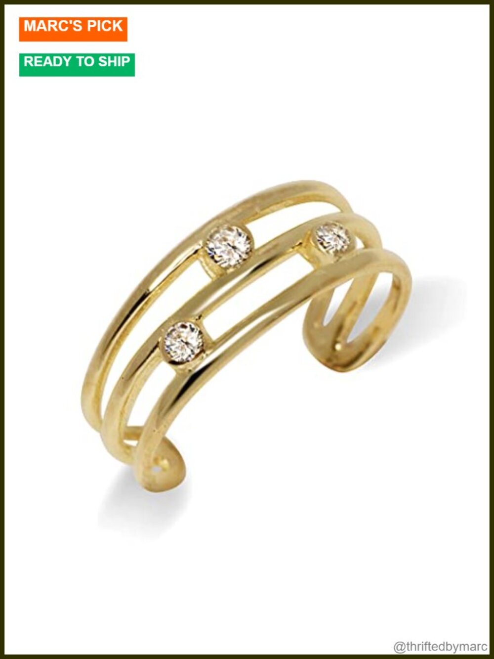 10K Solid Gold Simulated Diamond Toe Ring, Adjustable Non-Tarnish Foot Jewelry